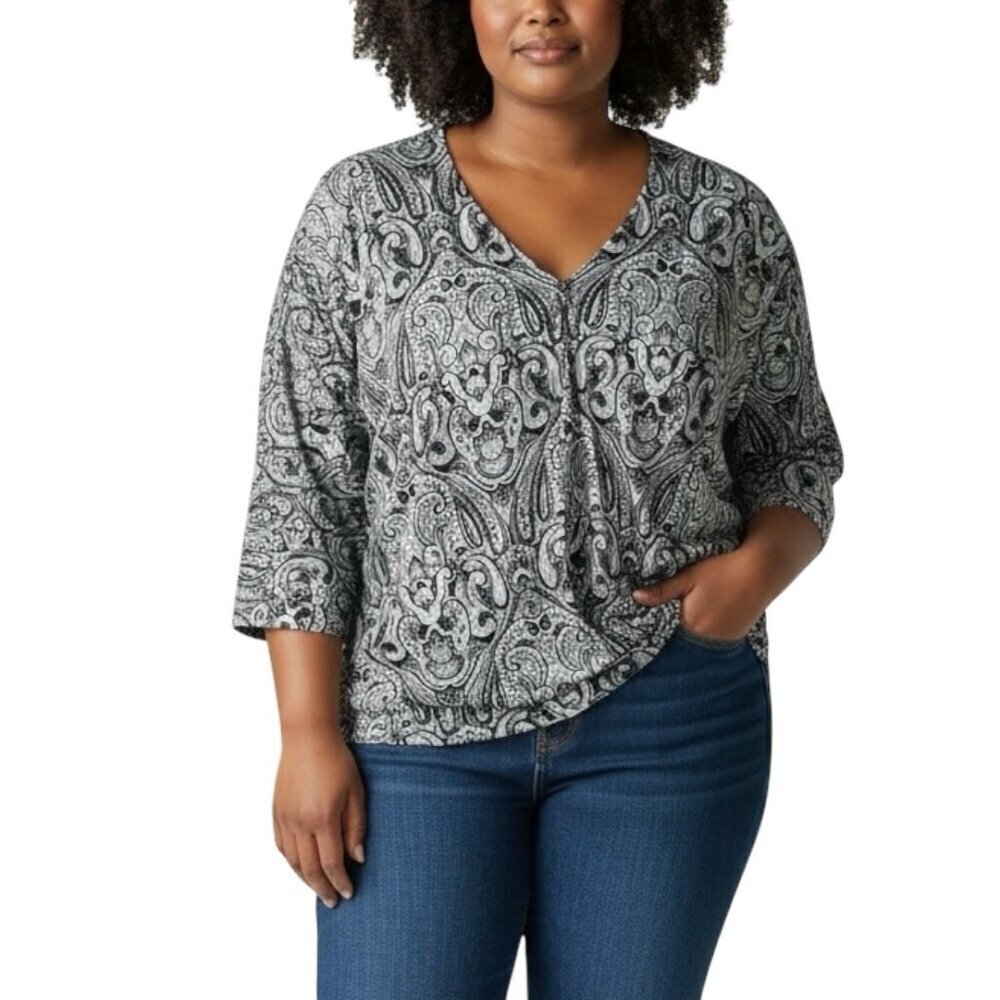 Tahari Women’s XL Black White Paisley V-Neck Stretch Top 3/4 Sleeve Office